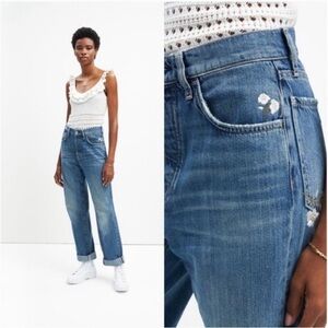7 For All Mankind Blue Easy Straight Jeans with Floral Embroidery 30